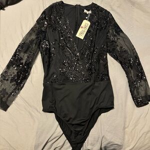 Black Sequin Mesh Bodysuit